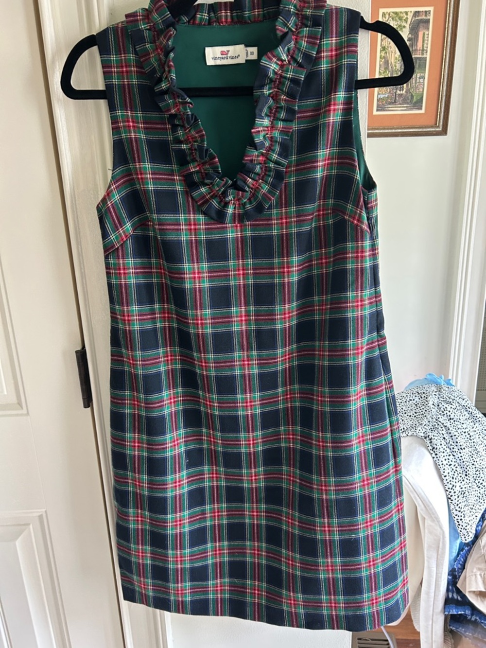 Vineyard Vines Navy Green Red Plaid Ruffle V-Neck Shift Dress